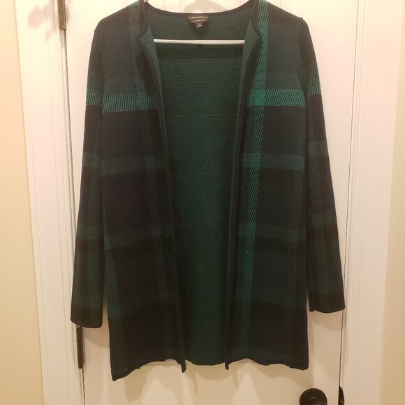 Talbots Long Plaid 100% Merino Wool Cardigan Navy and Green Size Small - Picture 1 of 8